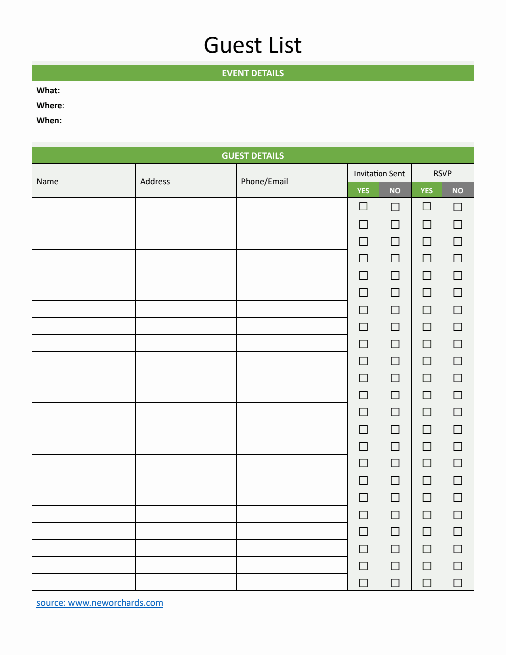 Customizable Event Guest List Tracker | Free PDF Template Download