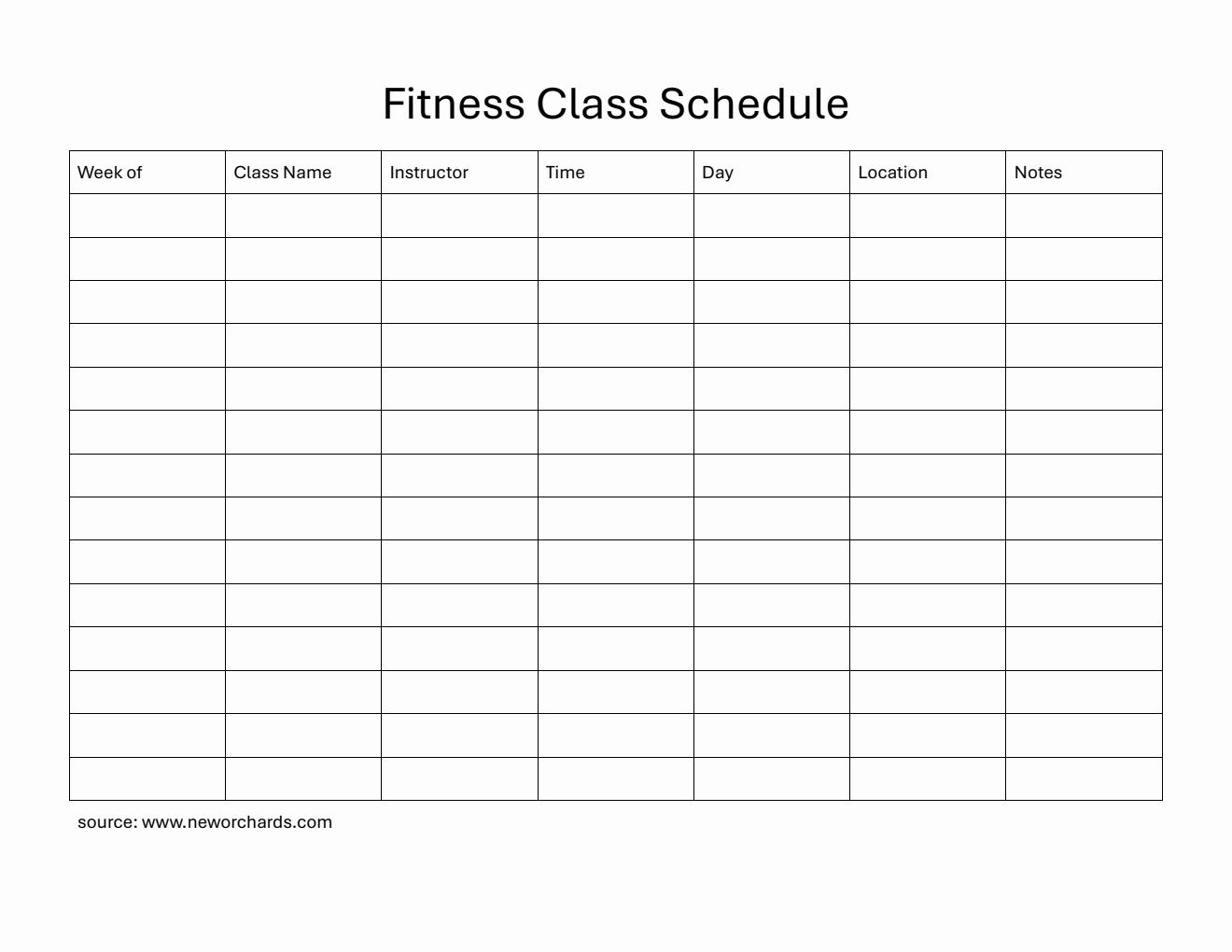 Printable  Fitness Class Schedule Template in PDF