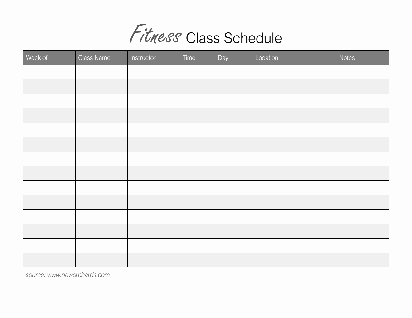 Editable  Fitness Class Schedule Template in PDF