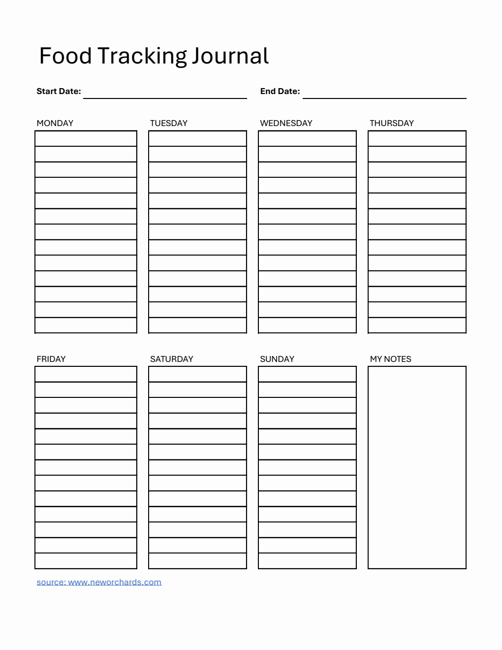 Weekly Food Tracking Journal Template Excel (Printable)