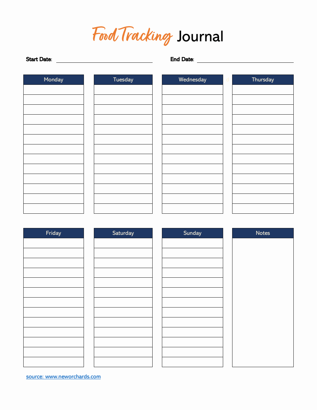 Weekly Food Tracking Journal Template PDF (Simple)