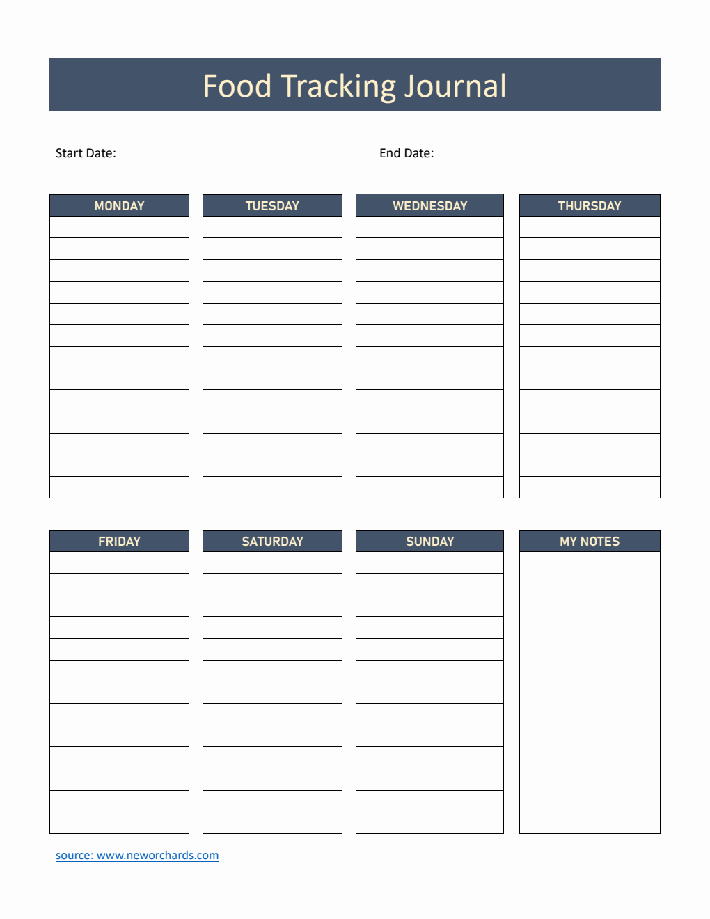 Weekly Food Tracking Journal Template PDF (Dark Blue)