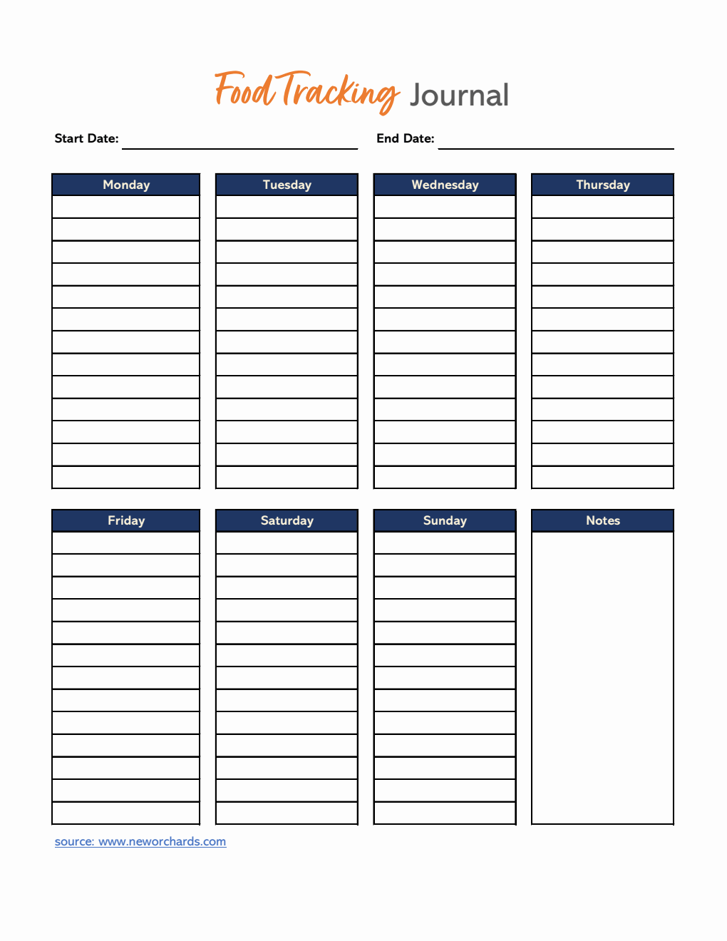 Weekly Food Tracking Journal Template Excel (Simple)