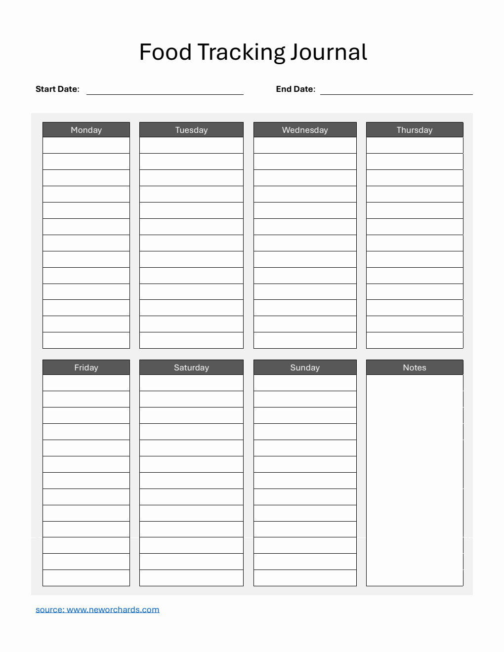 Weekly Food Tracking Journal Template PDF (Grey)