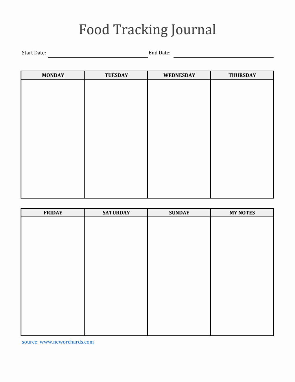 Weekly Food Tracking Journal Template Excel (Minimalist)