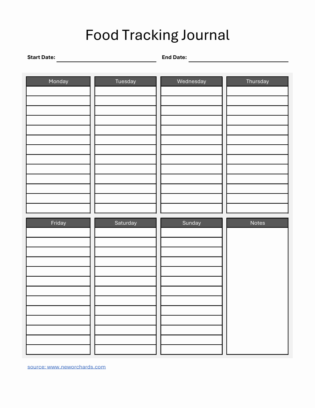 Weekly Food Tracking Journal Template Excel (Grey)