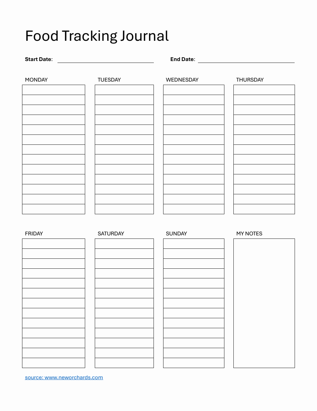 Weekly Food Tracking Journal Template PDF (Printable)