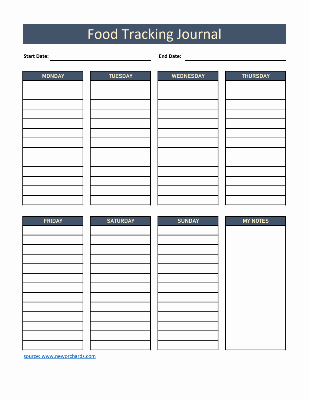 Weekly Food Tracking Journal Template Excel (Dark Blue)