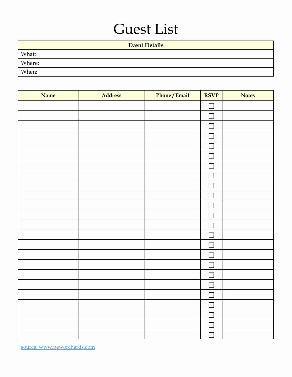 Guest List Template | 100% Simple in PDF