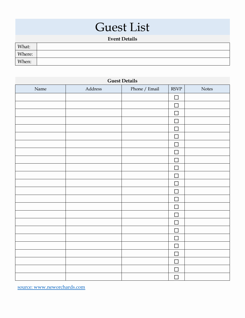 Guest List Template | 100% Downloadable in Word