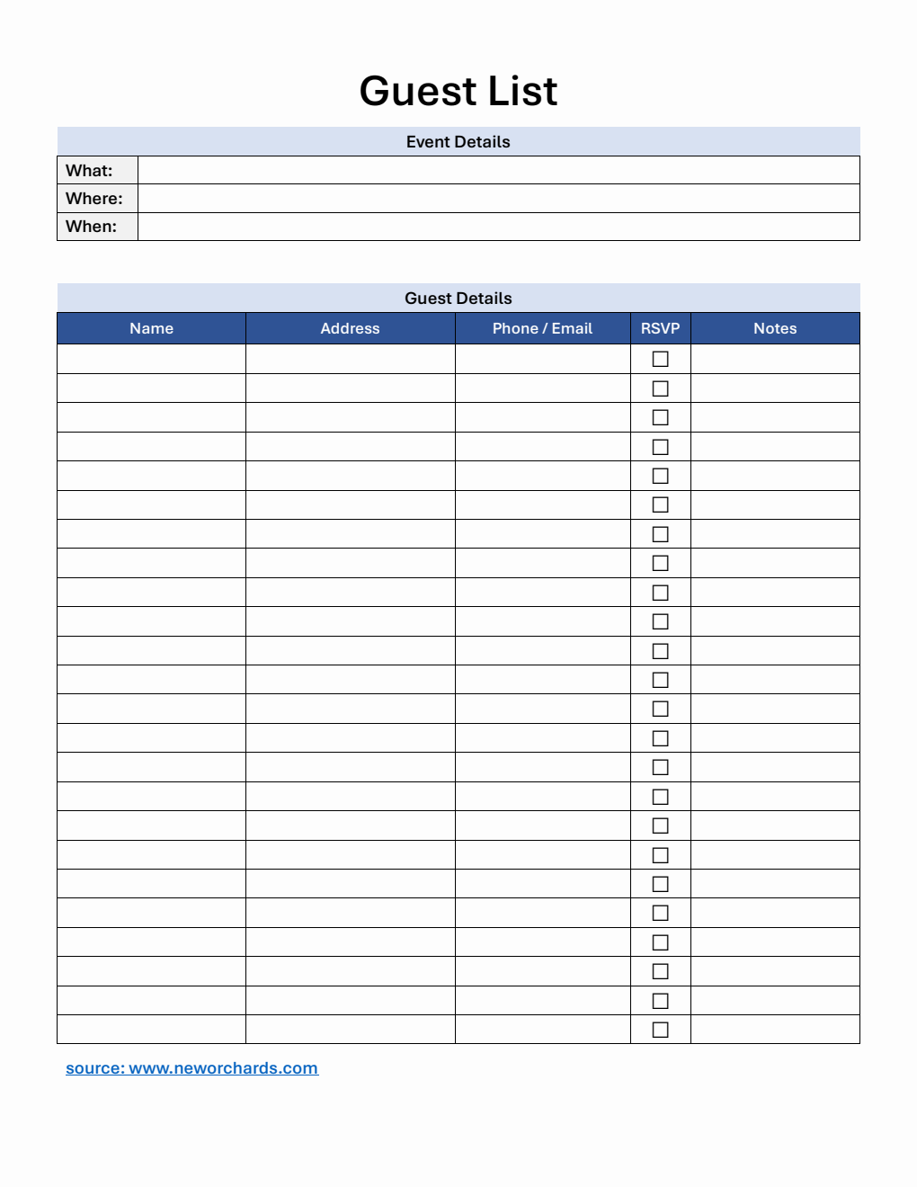 Guest List Template | 100% Editable in Word
