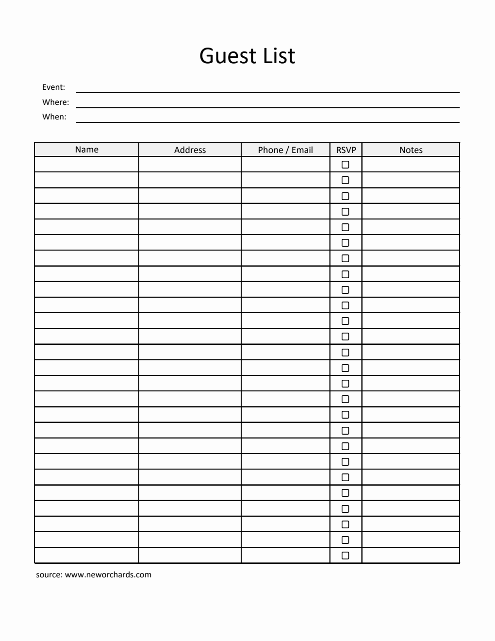 Guest List Template | 100% Printable in Excel