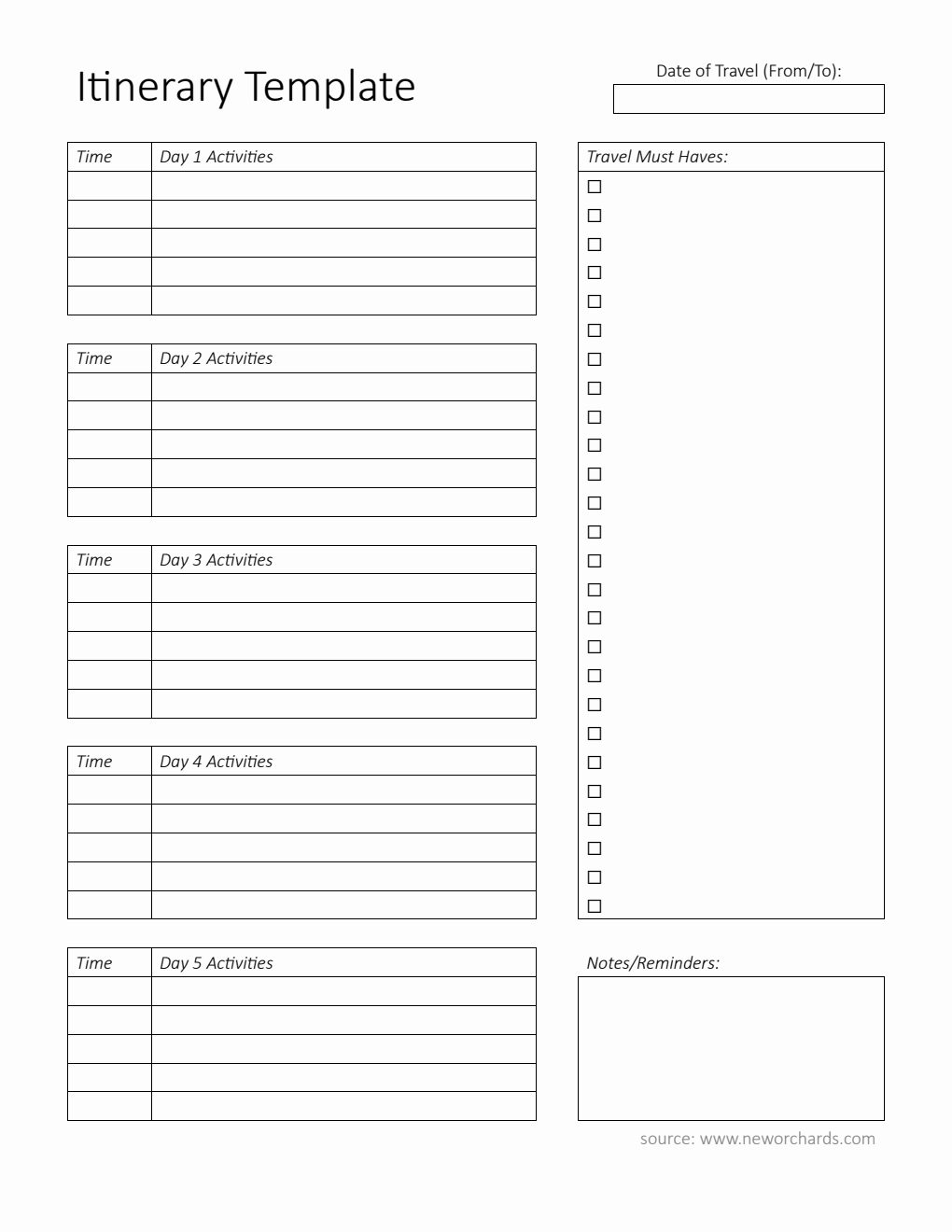 Printable Itinerary Template (PDF)