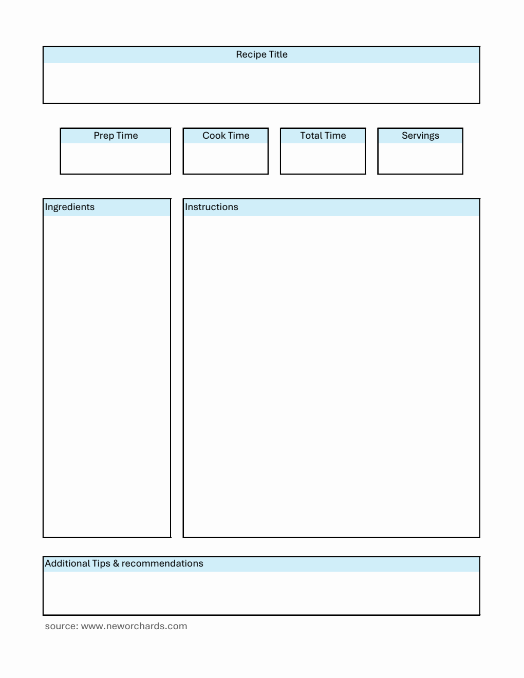 Recipe Card | Free to Download in Excel (Blue)