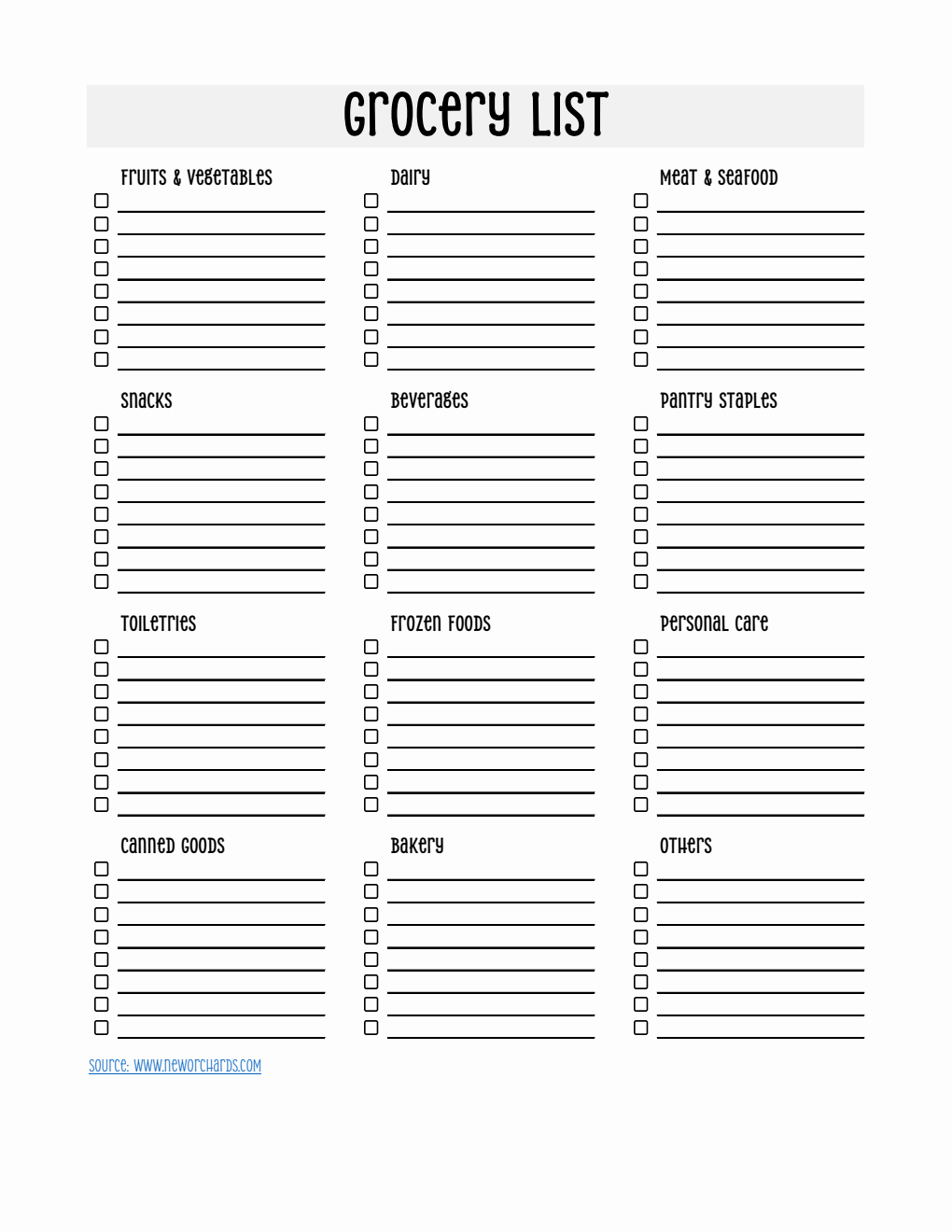 Free Printable Grocery List Template in Excel