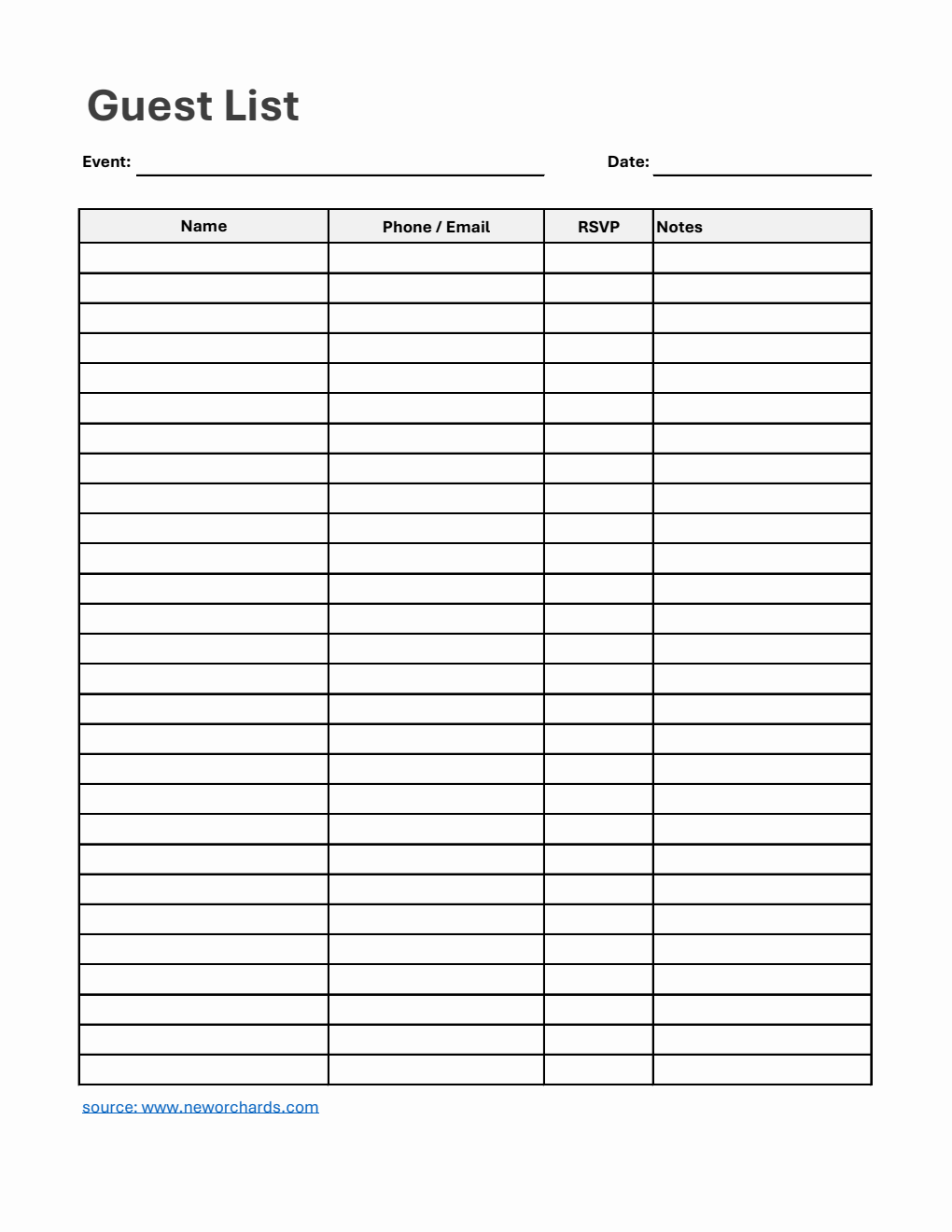 Free Guest List Template in Excel (Printable)