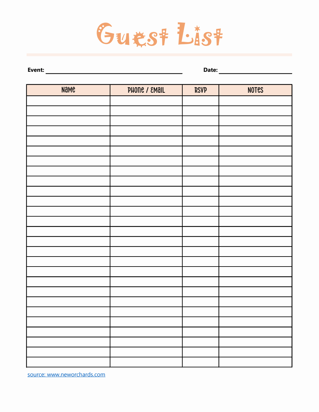 Free Guest List Template in Excel (Editable)