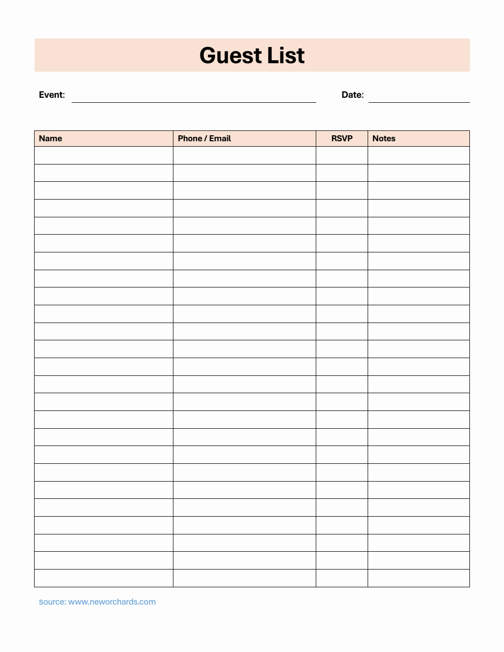 Free Guest List Template in Word (Customizable)