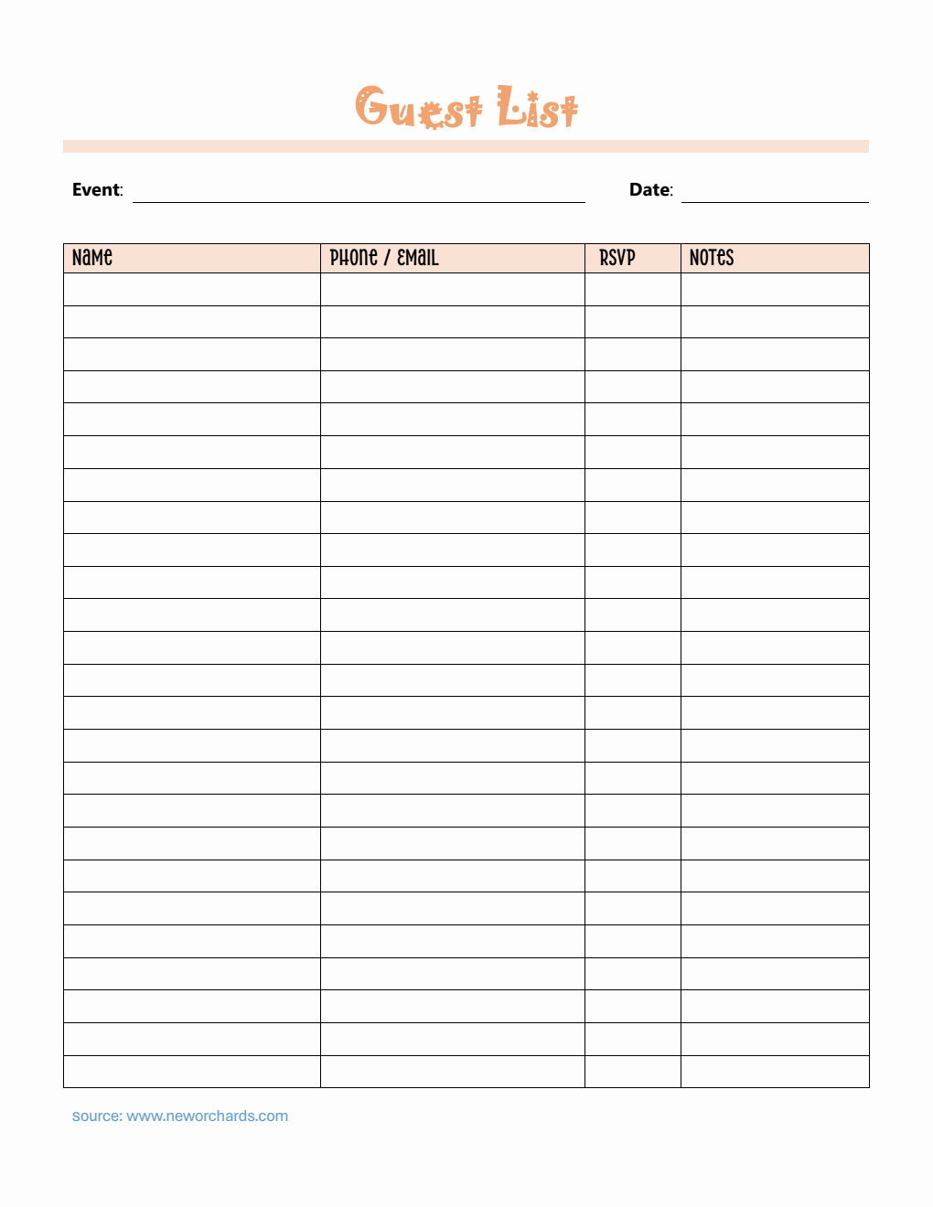 Free Guest List Template in PDF (Editable)