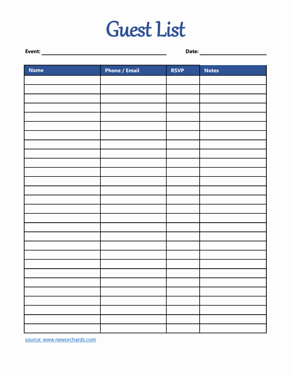 Free Guest List Template in Excel (Basic)