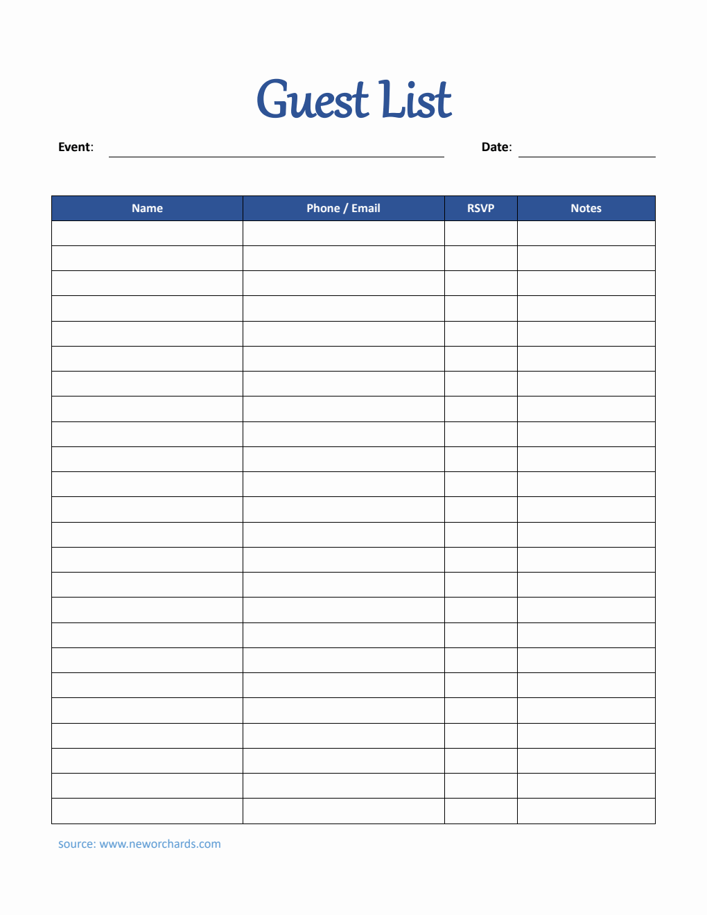 Free Guest List Template in Word (Basic)