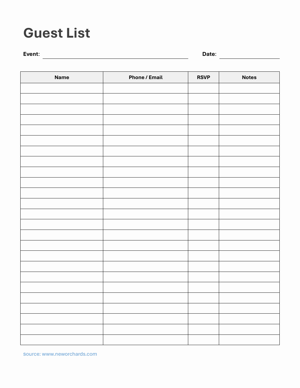 Free Guest List Template in Word (Printable)