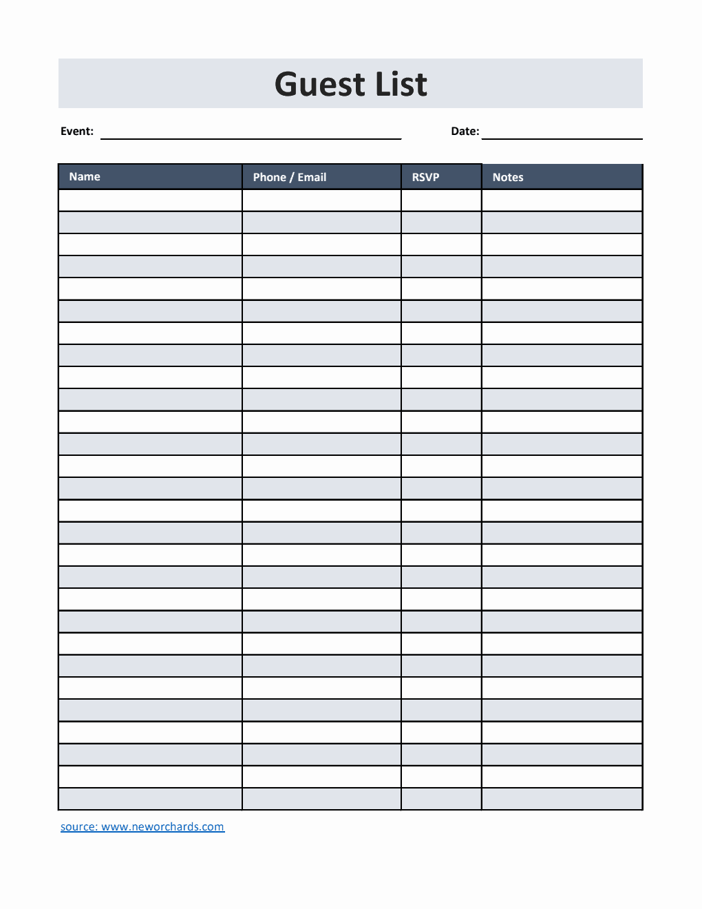 Free Guest List Template in Excel (Simple)