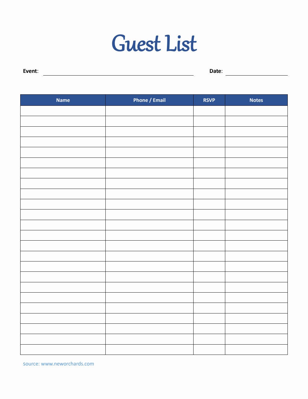 Free Guest List Template in PDF (Basic)