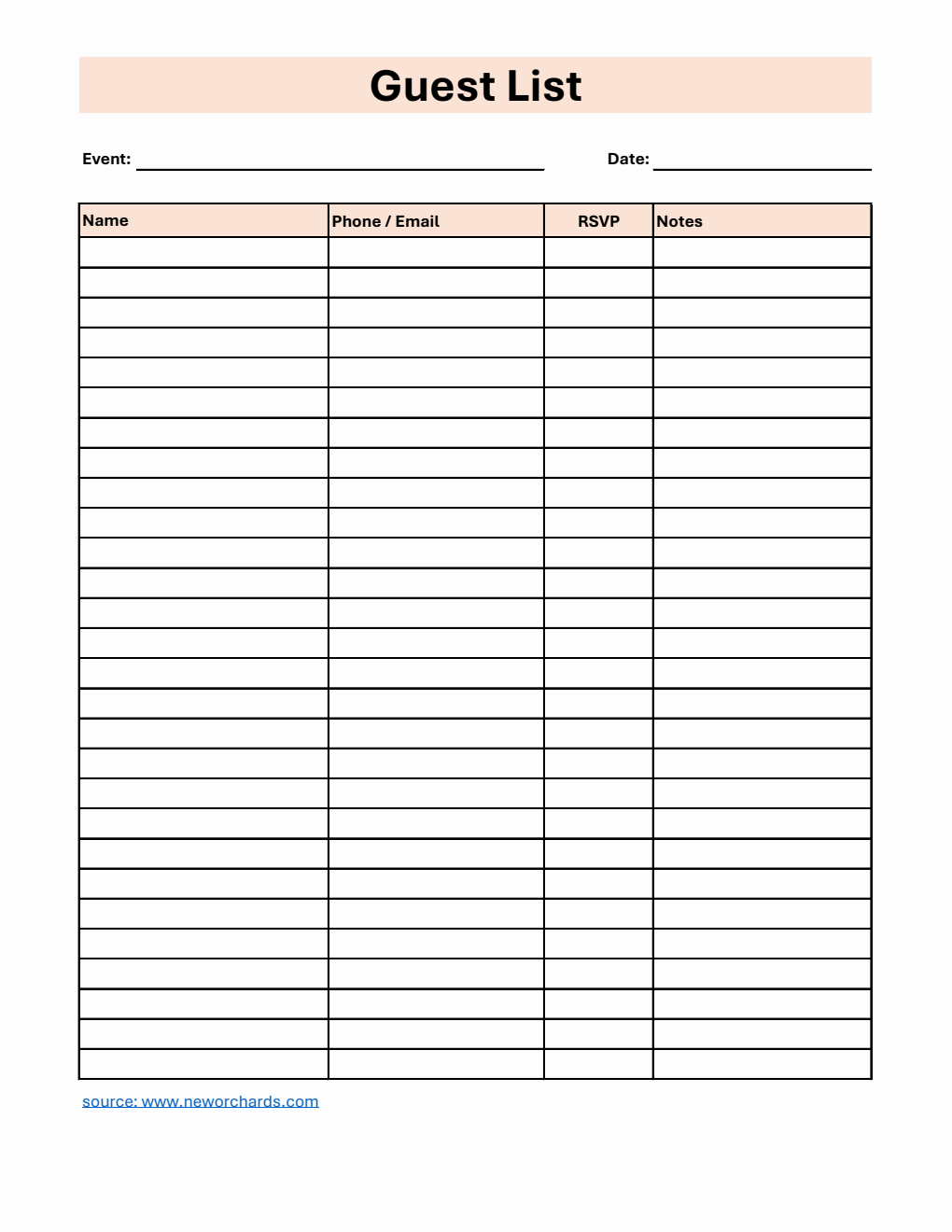 Free Guest List Template in Excel (Customizable)