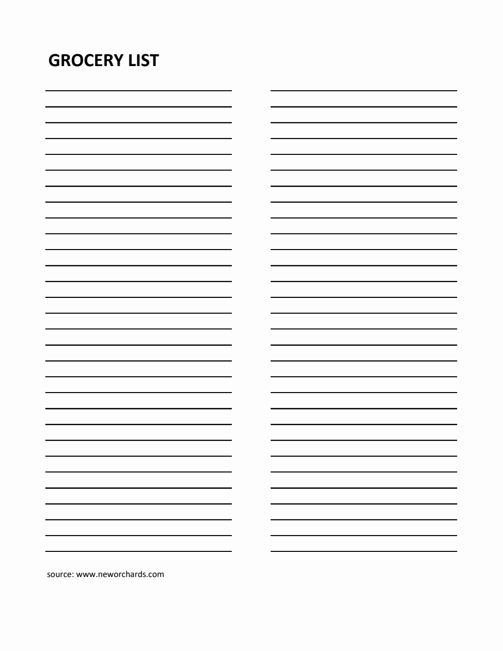 Free Blank Grocery List Template in Excel