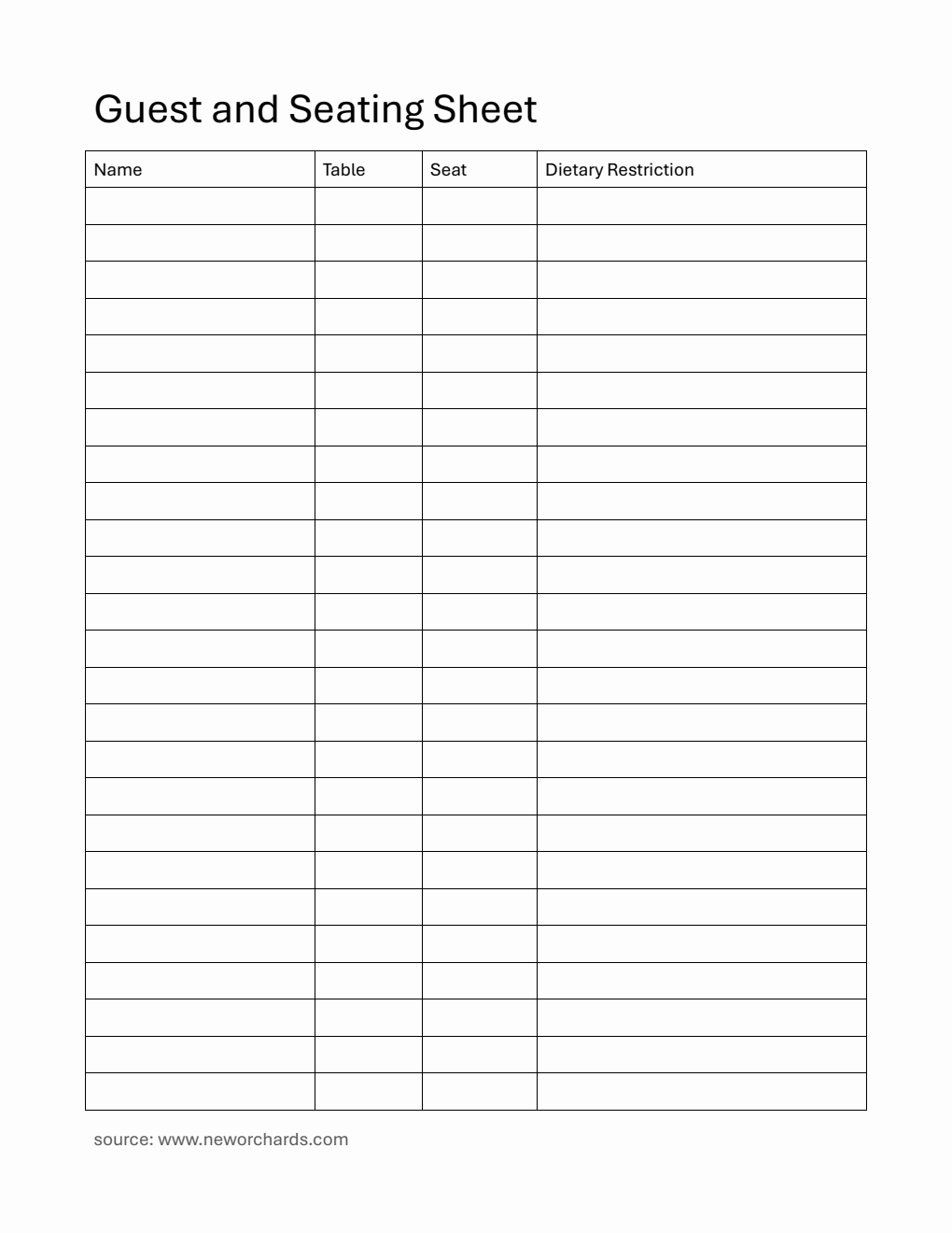 Printable Guest and Seating Sheet - Free Word Download