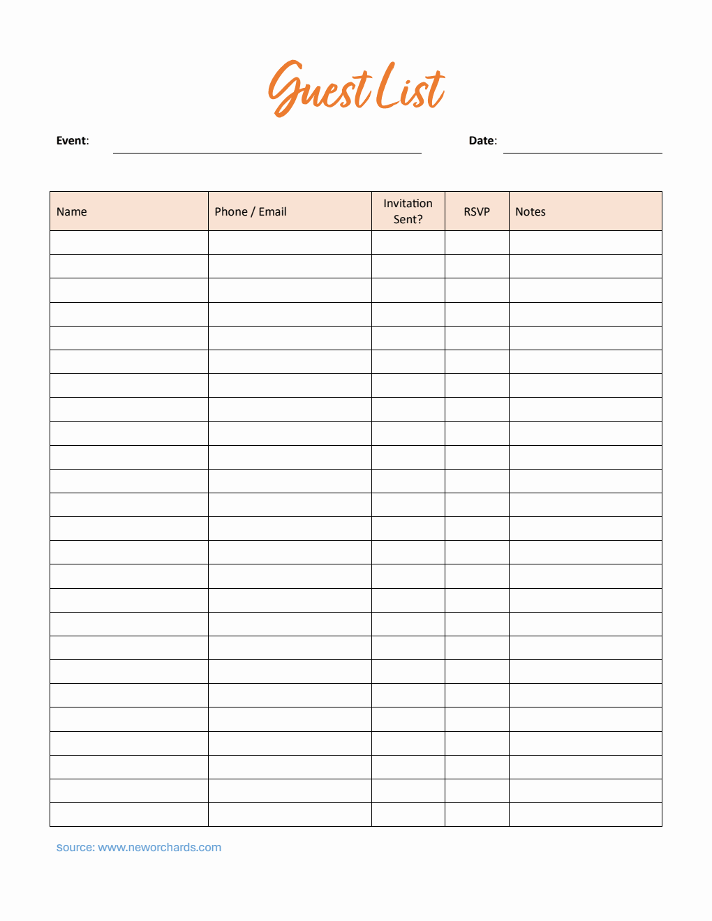 Guest List Template in PDF (Basic)