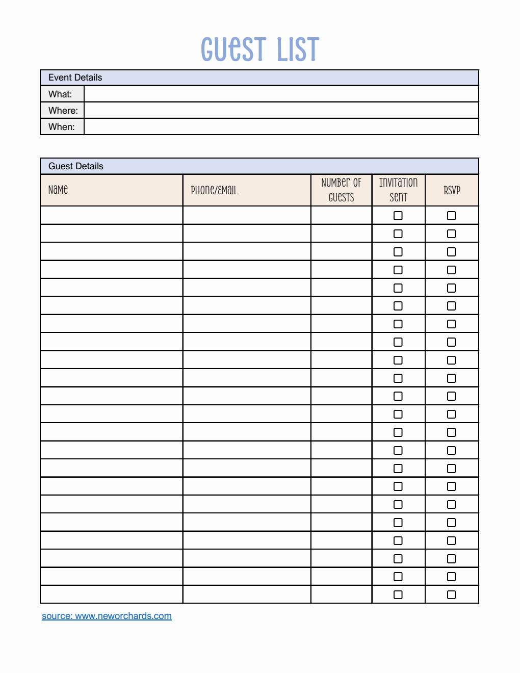 Basic Guest List Template | Free Download in Excel