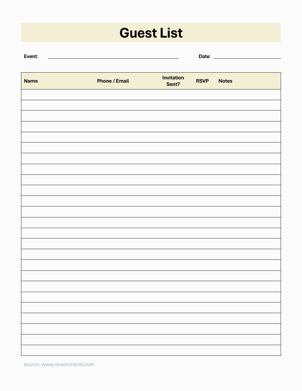 Guest List Template in PDF (Simple)