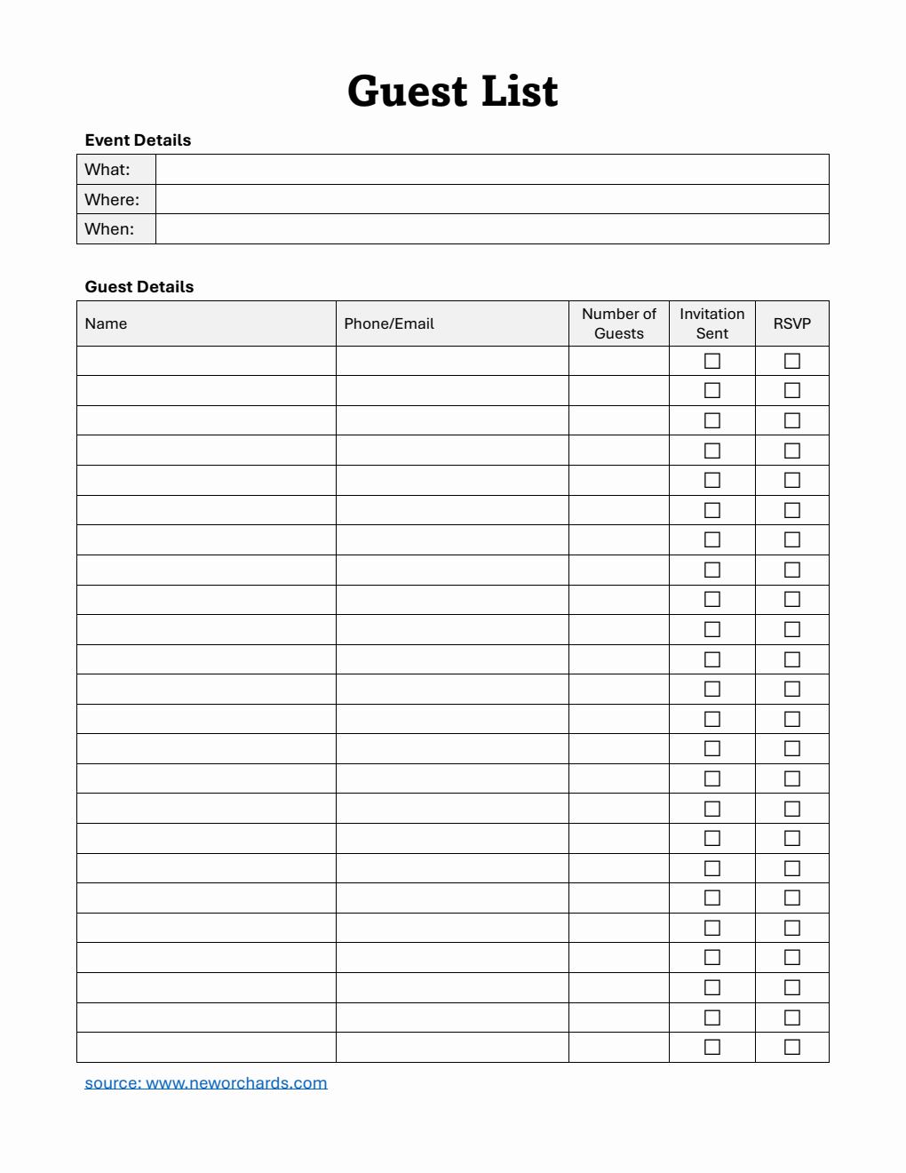Printable Guest List Template | Free Download in PDF