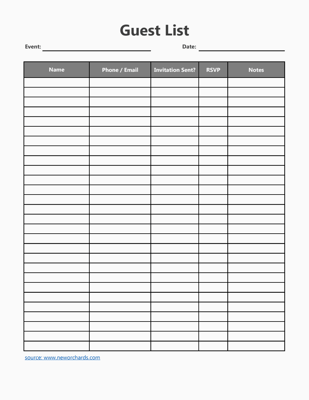 Guest List Template in Excel (Striped)