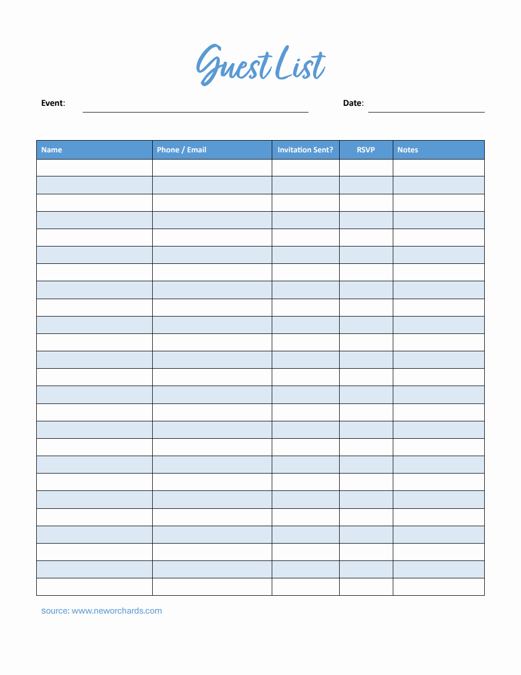 Guest List Template in PDF (Blue)