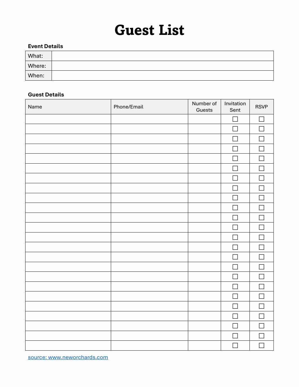 Printable Guest List Template | Free Download in Word