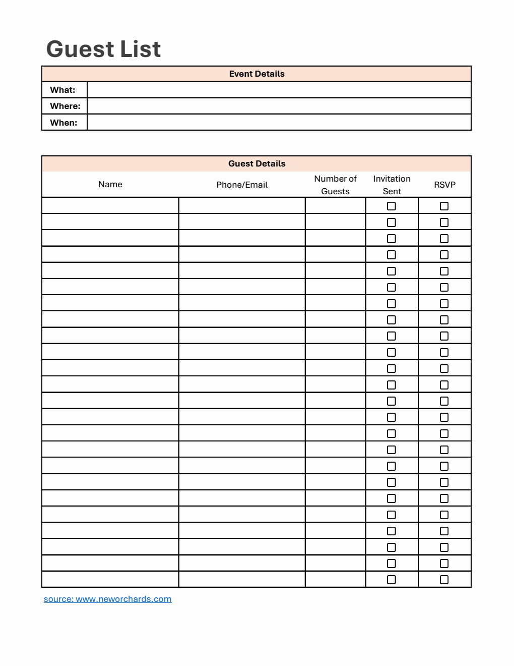 Customizable Guest List Template | Free Download in Excel