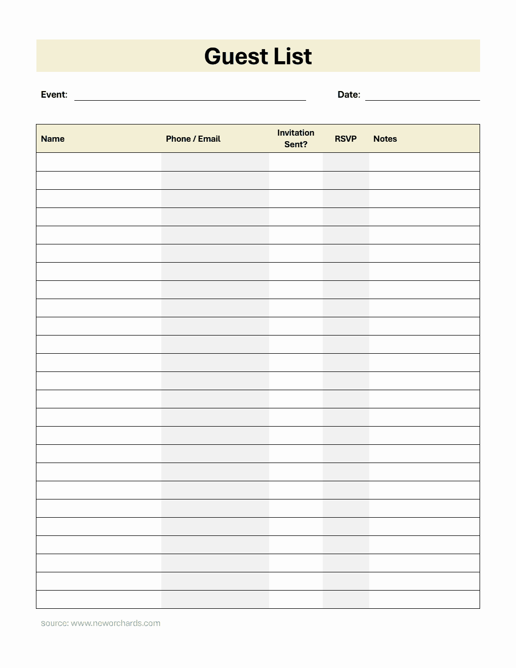 Guest List Template in Word (Simple)