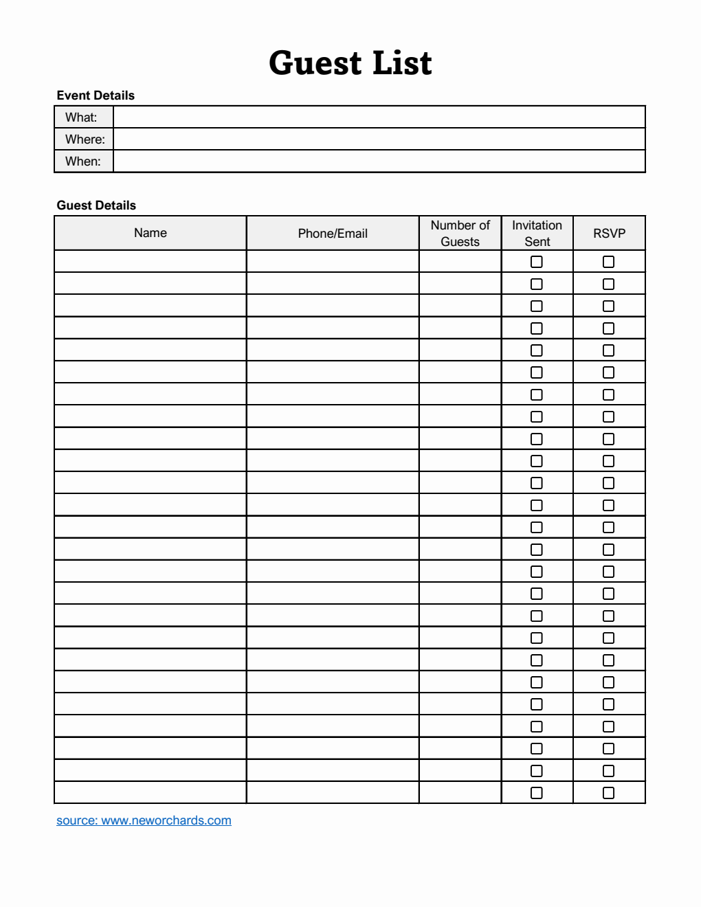Printable Guest List Template | Free Download in Excel