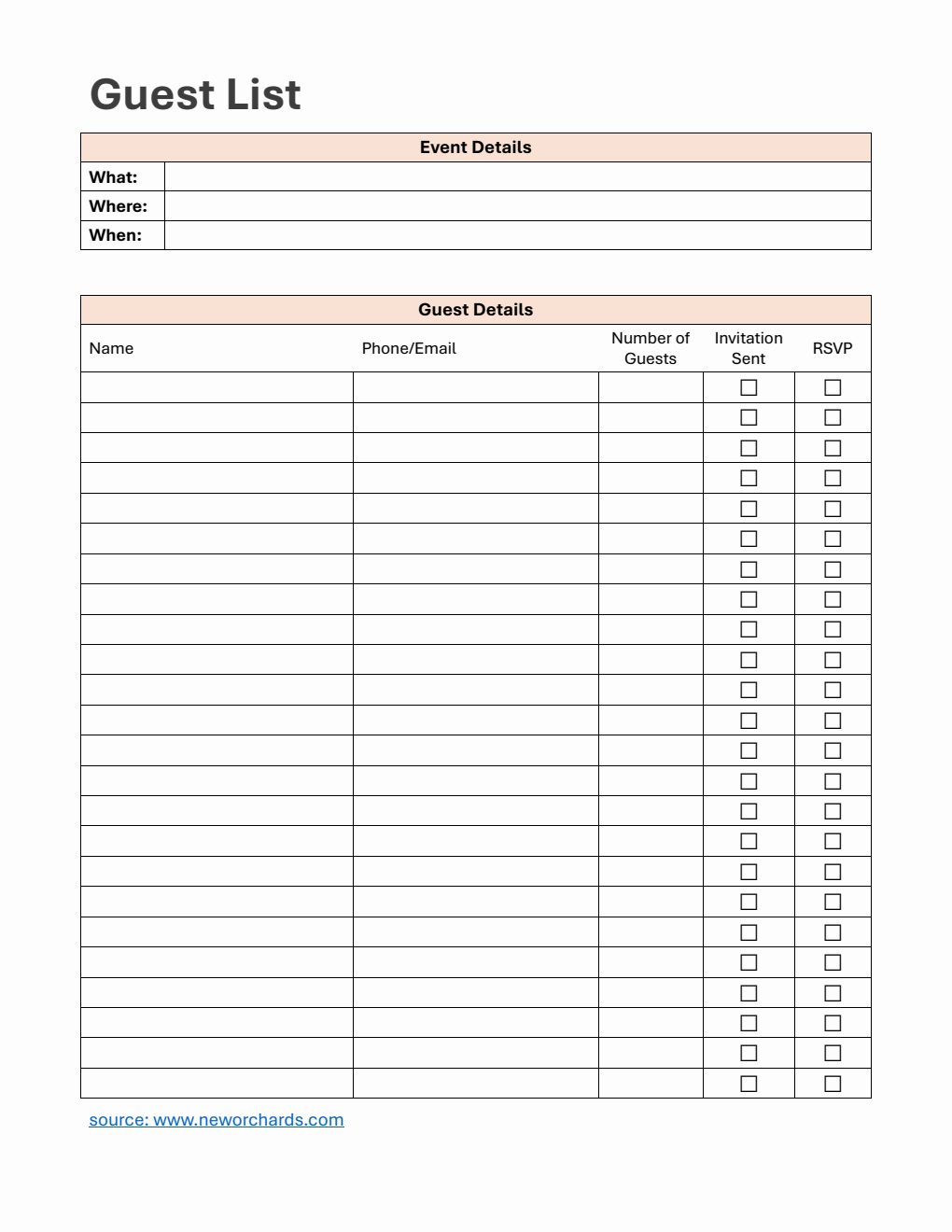 Customizable Guest List Template | Free Download in Word
