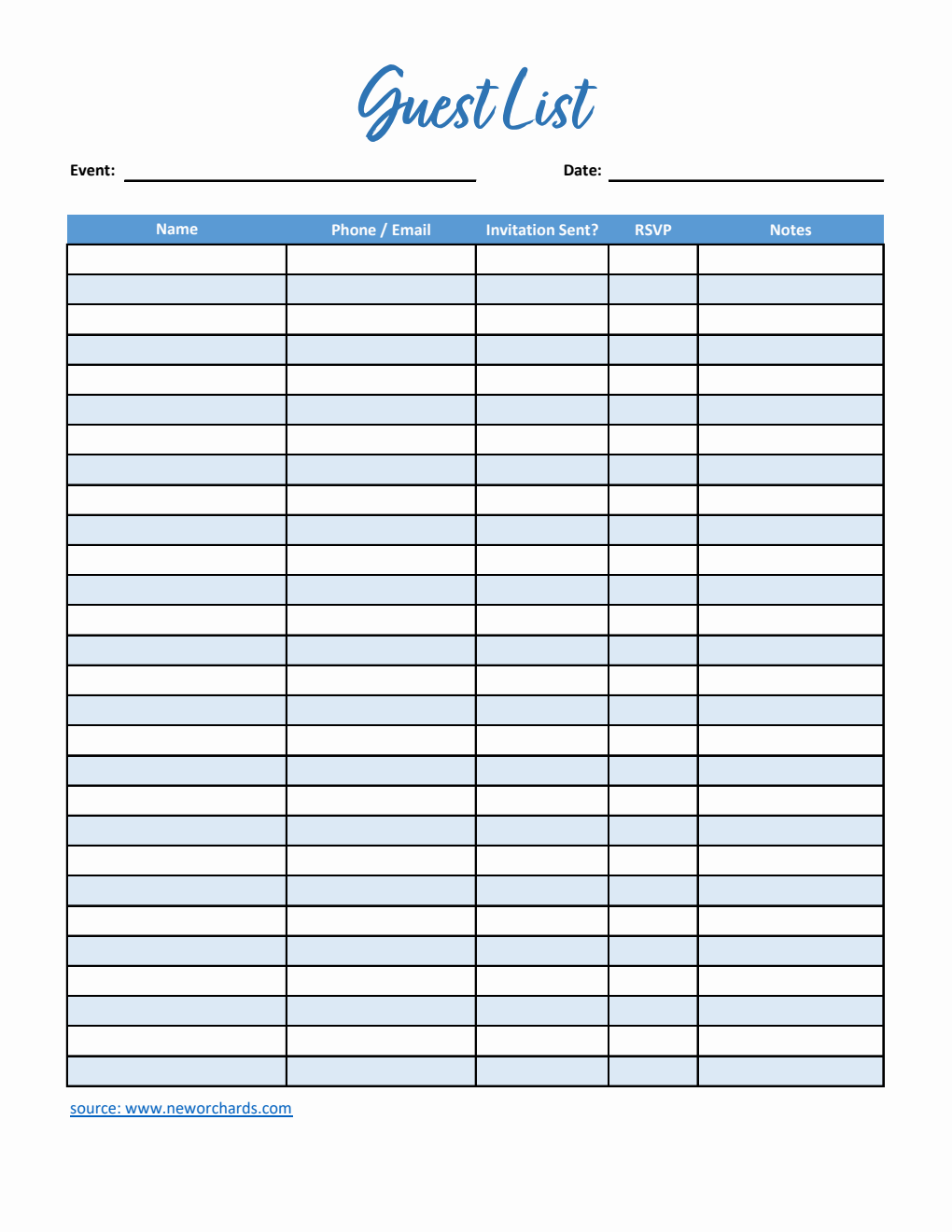Guest List Template in Excel (Blue)