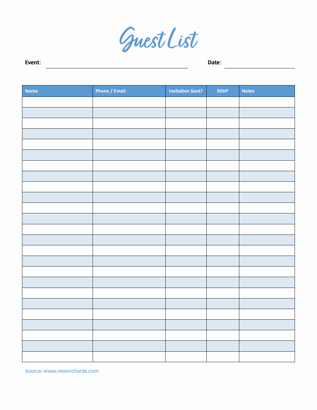 Guest List Template in Word (Blue)