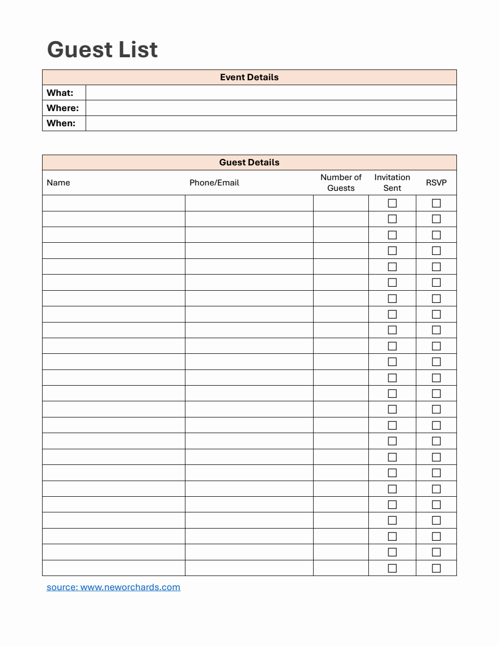 Customizable Guest List Template | Free Download in PDF