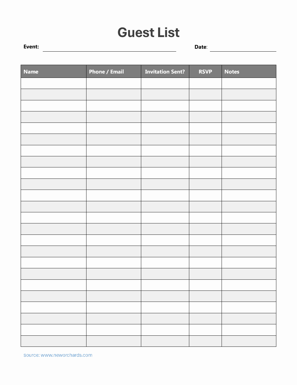 Guest List Template in Word (Striped)
