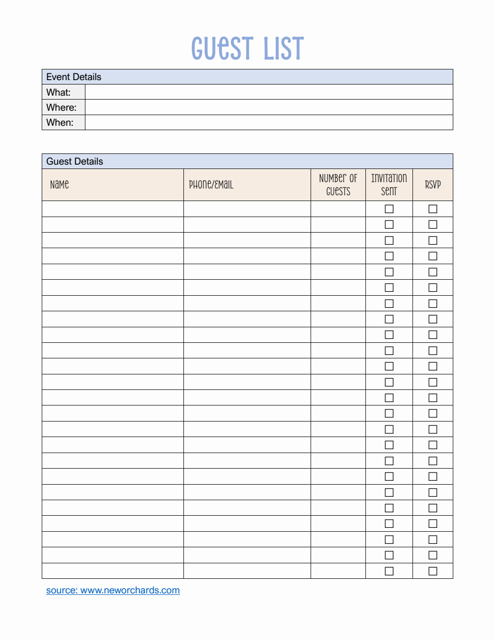 Basic Guest List Template | Free Download in PDF