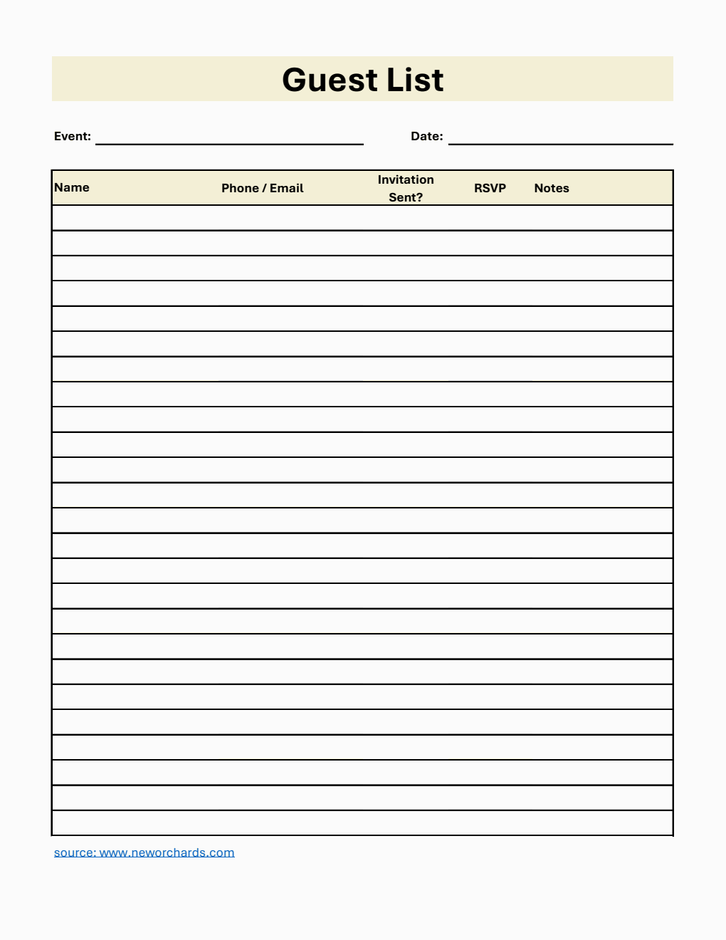 Guest List Template in Excel (Simple)
