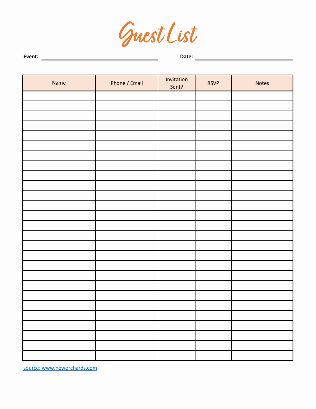 Guest List Template in Excel (Basic)