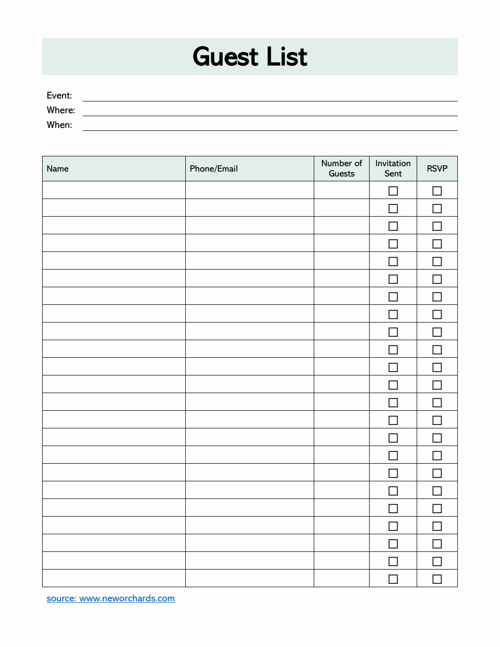 Simple Guest List Template | Free Download in PDF